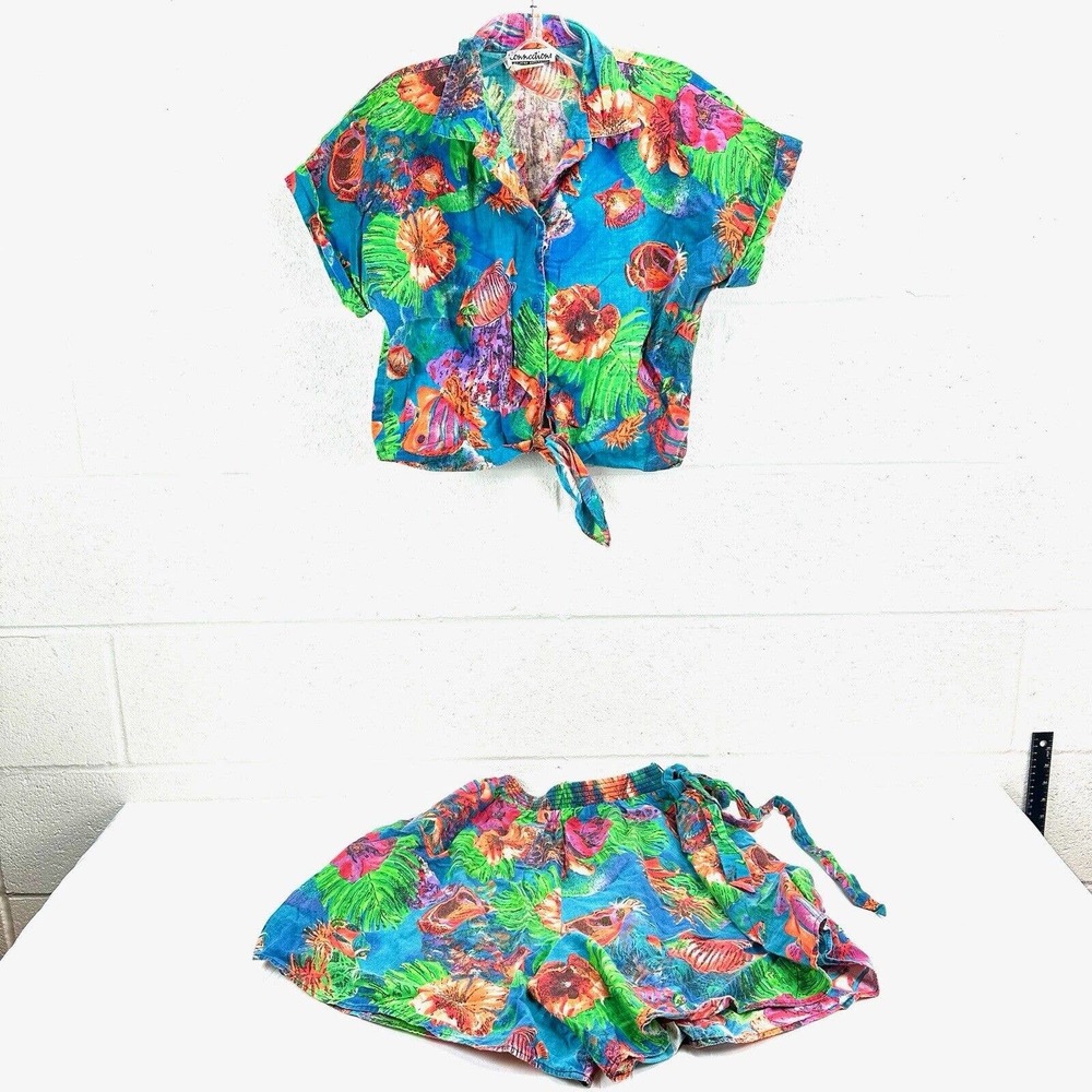 Connections Related Separates Hawaiian Tie Front Shirt Shorts Set Sz L Colorful
